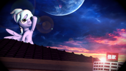 Size: 3185x1800 | Tagged: safe, artist:duckyqwapz, derpibooru import, cloudchaser, pegasus, g4, 3d, atg 2024, female, godzilla, godzilla (series), mare, newbie artist training grounds, solo, sunrise, wallpaper