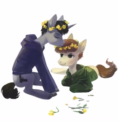 Size: 2901x3000 | Tagged: safe, artist:sivelu, derpibooru import, oc, oc only, earth pony, pony, unicorn, clothes, commission, duo, duo male, ear fluff, ears, floral head wreath, flower, gay, hoodie, horn, lying down, male, oc x oc, prone, shipping, simple background, sitting, stallion, white background