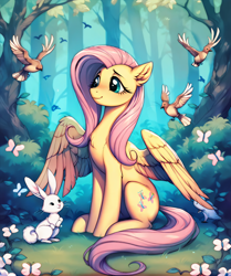 Size: 2048x2448 | Tagged: safe, ai content, derpibooru import, generator:pony diffusion v6 xl, generator:purplesmart.ai, generator:stable diffusion, machine learning generated, angel bunny, fluttershy, butterfly, pegasus, pony, g4, outdoors, prompter needed