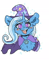 Size: 1664x2048 | Tagged: safe, artist:chibichangeling, derpibooru import, trixie, pony, unicorn, g4, blushing, bust, cheek fluff, chest fluff, ear fluff, ears, eyebrows, eyebrows visible through hair, female, fluffy, horn, mare, open mouth, open smile, smiling, solo, sparkles