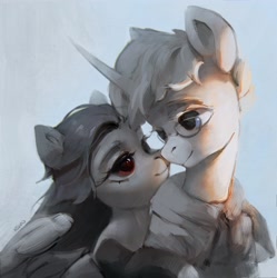 Size: 2930x2936 | Tagged: safe, artist:rvsd, derpibooru import, oc, oc only, pegasus, pony, unicorn, boop, commission, female, high res, horn, hug, hug from behind, looking at each other, looking at someone, looking back, male, mare, noseboop, oc x oc, shipping, stallion, straight