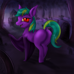 Size: 1500x1500 | Tagged: safe, artist:zekromlover, derpibooru import, oc, oc only, oc:silent wish, bat pony, pony, 2016, bat pony oc, butt, commission, dock, fangs, female, gravestone, graveyard, lidded eyes, looking at you, looking back, looking back at you, mare, night, open mouth, open smile, outdoors, plot, rear view, signature, smiling, solo, tail, tree, wings