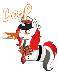 Size: 1140x1515 | Tagged: safe, artist:wh189, derpibooru import, daybreaker, oc, oc:red rocket, unicorn, equestria at war mod, belt, boop, cap, clothes, glasses, happy, hat, horn, solar empire, uniform