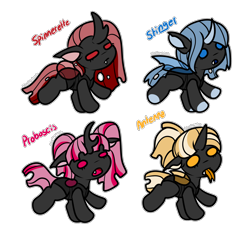 Size: 2528x2364 | Tagged: safe, artist:sexygoatgod, derpibooru import, oc, oc only, oc:antenna, oc:proboscis, oc:spinerette, oc:stinger, changeling, adoptable, blue changeling, chibi, female, pink changeling, red changeling, simple background, transparent background, yellow changeling