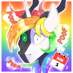 Size: 1279x1279 | Tagged: safe, artist:meowcephei, derpibooru import, oc, oc only, oc:tounicoon, bust, gradient background, multicolored hair, portrait, pride, pride month, rainbow, rainbow background, rainbow hair, sketch, solo