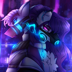 Size: 1796x1790 | Tagged: safe, artist:krissograph, derpibooru import, oc, oc only, earth pony, pony, g4, blue eyes, chest fluff, city, clothes, cyberpunk, digital art, duo, ear fluff, ears, eyelashes, face mask, female, gift art, glowing, jewelry, lidded eyes, looking at you, male, mare, mask, necklace, night, pink mane, pony oc, purple eyes, purple mane, shipping, stallion oc, straight, tower, urban