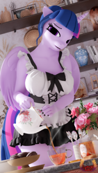 Size: 2160x3840 | Tagged: safe, alternate version, artist:loveslove, derpibooru import, twilight sparkle, twilight sparkle (alicorn), alicorn, anthro, g4, 3d, alternate character, book, breasts, clothes, commission, cup, female, flower, folded wings, food, headlight sparkle, high res, horn, looking at you, maid, maidlight sparkle, nail polish, smiling, smiling at you, solo, tea, teacup, teapot, wings, ych result