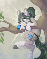 Size: 2000x2500 | Tagged: safe, artist:lionbun, derpibooru import, oc, oc only, oc:june blooms, beetle, earth pony, insect, climbing, cute, earth pony oc, excited, female, hang in there, hanging, happy, holding on, mare, solo, tree, tree branch