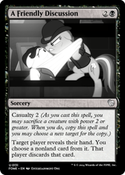 Size: 375x523 | Tagged: safe, derpibooru import, edit, rainbow dash, g4, sparkle's seven, bartender, bowler hat, ccg, engoulevent, hat, investigator dash, magic the gathering, monochrome, scar, trading card, trading card edit, trading card game