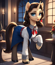 Size: 3429x4000 | Tagged: safe, ai content, derpibooru import, generator:pony diffusion v6 xl, generator:stable diffusion, machine learning generated, oc, oc only, pony, unicorn, bioshock, bioshock infinite, blue eyes, candle, clothes, elizabeth, horn, indoors, looking at you, ponified, prompter:midnight dashie, shirt, shoes, skirt, smiling, species swap, stockings, thigh highs, unicorn oc, vase, window