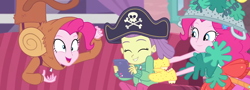 Size: 3001x1080 | Tagged: safe, derpibooru import, edit, edited screencap, screencap, lily pad (equestria girls), pinkie pie, human, better together, equestria girls, g4, pinkie sitting, animal costume, clothes, composite screencap, costume, hat, pirate hat, self paradox, tablet, tickling