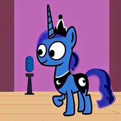 Size: 512x512 | Tagged: safe, ai content, derpibooru import, machine learning generated, princess luna, pony, unicorn, g4, battle for dream island, crown, ethereal mane, female, generator:aieasypic, horn, jewelry, microphone, prompter needed, race swap, raised hoof, raised leg, regalia, smiling, solo, stage, style emulation, unicorn luna, wingless