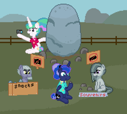 Size: 800x720 | Tagged: safe, artist:nitobit, derpibooru import, limestone pie, marble pie, princess celestia, princess luna, alicorn, earth pony, g4, camera, digital art, fence, holder's boulder, pixel art, rock, sign