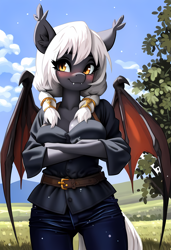 Size: 3328x4864 | Tagged: safe, ai content, derpibooru import, generator:novelai, generator:stable diffusion, machine learning generated, oc, oc only, oc:misty inkblot, anthro, bat pony, bat wings, belt, blushing, breasts, clothes, crossed arms, cute, ear tufts, fangs, pants, prompter:flitter4935, shirt, solo, twin braids, wings