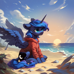 Size: 2048x2048 | Tagged: safe, ai content, derpibooru import, generator:pony diffusion v6 xl, generator:stable diffusion, machine learning generated, princess luna, alicorn, pony, g4, beach, clothes, cloud, dawn, ear fluff, ears, full body, hoodie, horn, one ear down, prompter:liladash, sitting, solo, spread wings, summer, sun, water, wing fluff, wings