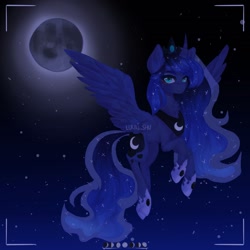 Size: 1400x1400 | Tagged: safe, artist:lunashuu, derpibooru import, princess luna, alicorn, pony, g4, blue eyes, blue mane, blue tail, crown, digital art, ethereal mane, ethereal tail, feather, female, flowing mane, flowing tail, flying, gem, glowing, hoof shoes, horn, jewelry, looking at you, mare, moon, moonlight, night, peytral, princess shoes, redraw, regalia, signature, sky, solo, sparkles, spread wings, starry mane, starry tail, stars, tail, wings