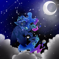 Size: 2500x2500 | Tagged: safe, artist:lunashuu, derpibooru import, princess luna, alicorn, pony, g4, blue eyes, blue mane, blue tail, cloud, constellation, crescent moon, crown, digital art, ethereal mane, ethereal tail, eyeshadow, feather, female, flowing mane, flowing tail, flying, gem, glowing, hoof shoes, horn, jewelry, lidded eyes, looking at you, makeup, mare, moon, moonlight, night, peytral, princess shoes, redraw, regalia, signature, sky, solo, sparkles, spread wings, starry mane, starry tail, stars, tail, wings