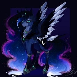 Size: 1100x1100 | Tagged: safe, artist:lunashuu, derpibooru import, princess luna, alicorn, pony, g4, blue background, blue eyes, blue mane, blue tail, colored wings, crown, digital art, ear fluff, ears, ethereal mane, ethereal tail, eyelashes, eyeshadow, feather, female, flowing mane, flowing tail, gem, glowing, hoof shoes, horn, jewelry, lidded eyes, looking at you, makeup, mare, moon, moonlight, night, peytral, princess shoes, redraw, regalia, signature, simple background, solo, sparkles, spread wings, starry mane, starry tail, stars, tail, two toned wings, wings