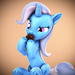 Size: 2160x2160 | Tagged: safe, artist:psfmer, derpibooru import, trixie, pony, unicorn, g4, 3d, belly, cute, diatrixes, female, gradient background, hoof hold, horn, mare, pica, pinecone, simple background, sitting, solo, source filmmaker, tan background, trixie eating pinecones, unshorn fetlocks