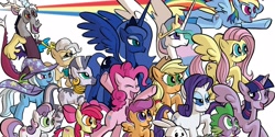 Size: 2500x1250 | Tagged: safe, artist:thom zahler, derpibooru import, angel bunny, apple bloom, applejack, discord, fluttershy, mayor mare, pinkie pie, princess celestia, princess luna, rainbow dash, rarity, scootaloo, spike, sweetie belle, trixie, twilight sparkle, twilight sparkle (alicorn), zecora, alicorn, draconequus, dragon, earth pony, pegasus, rabbit, unicorn, zebra, g4, 2016, animal, applejack's hat, bipedal, cape, clothes, cowboy hat, cutie mark crusaders, ear piercing, earring, eyes closed, female, filly, flying, foal, glasses, group, hat, horn, horns, jewelry, lidded eyes, male, mane seven, mane six, mare, neck rings, open mouth, open smile, peytral, piercing, rainbow trail, raised hoof, raised leg, regalia, royal sisters, siblings, sisters, smiling, spread wings, tail, tiara, trixie's cape, trixie's hat, wings