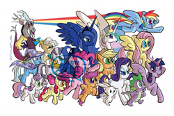 Size: 1296x864 | Tagged: safe, artist:thom zahler, derpibooru import, angel bunny, apple bloom, applejack, discord, fluttershy, mayor mare, pinkie pie, princess celestia, princess luna, rainbow dash, rarity, scootaloo, spike, sweetie belle, trixie, twilight sparkle, twilight sparkle (alicorn), zecora, alicorn, draconequus, dragon, earth pony, pegasus, rabbit, unicorn, zebra, g4, 2016, animal, applejack's hat, bipedal, cape, clothes, cowboy hat, cutie mark crusaders, ear piercing, earring, eyes closed, female, filly, flying, foal, glasses, group, hat, horn, horns, jewelry, lidded eyes, male, mane seven, mane six, mare, neck rings, obtrusive watermark, open mouth, open smile, peytral, piercing, rainbow trail, raised hoof, raised leg, regalia, royal sisters, siblings, signature, simple background, sisters, smiling, spread wings, tail, tiara, trixie's cape, trixie's hat, watermark, white background, wings