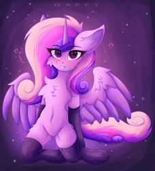 Size: 3000x3300 | Tagged: safe, artist:gaffy, derpibooru import, princess cadance, alicorn, pony, belly, belly button, cheek fluff, chest fluff, clothes, ear fluff, ears, eye clipping through hair, eyebrows, eyebrows visible through hair, featureless crotch, female, heart, heart eyes, horn, kneeling, looking at you, mare, partially open wings, sexy, socks, solo, stockings, thigh highs, wingding eyes, wings