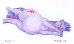 Size: 1200x716 | Tagged: safe, artist:soobel, derpibooru import, twilight sparkle, unicorn twilight, pony, unicorn, g4, atg 2024, fat, female, horn, mare, newbie artist training grounds, obese, solo, stretching, traditional art, twilard sparkle, yawn