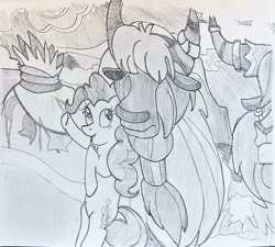 Size: 2836x2558 | Tagged: safe, artist:mlpfantealmintmoonrise, derpibooru import, pinkie pie, prince rutherford, earth pony, yak, g4, atg 2024, hut, irl, monochrome, newbie artist training grounds, pencil drawing, photo, picture, snow, traditional art, unnamed character, unnamed yak