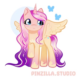 Size: 640x640 | Tagged: safe, artist:pinzillastudio, derpibooru import, oc, oc only, alicorn, butterfly, pony, g4, female, fusion, fusion:fluttershy, fusion:princess cadance, gauntlet, jewelry, long mane, raised hoof, raised leg, regalia, simple background, smiling, solo, spread wings, white background, wings