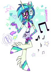 Size: 1691x2212 | Tagged: safe, artist:budweiset, derpibooru import, part of a set, dj pon-3, vinyl scratch, anthro, demon, unguligrade anthro, equestria girls, g4, clothes, colored teeth, cutie mark, cutie mark background, cutie mark on clothes, demonized, emanata, female, gloves, grin, hand on hip, headphones, heart, hellaverse, horn, music notes, passepartout, purple teeth, raised hoof, raised leg, sharp teeth, shorts, simple background, smiling, solo, sparkles, species swap, stars, stylized, teeth, thin, unshorn fetlocks, vinyl's glasses, white background