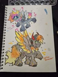 Size: 3000x4000 | Tagged: safe, artist:crazysketch101, derpibooru import, oc, oc:ashton burnside, oc:crazy looncrest, pegasus, pony, horns, ship:burncrest, traditional art, unshorn fetlocks, watercolor painting