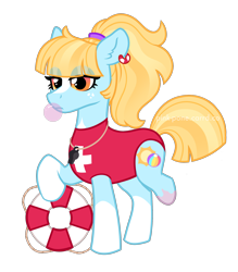 Size: 2100x2400 | Tagged: safe, artist:pink-pone, derpibooru import, oc, oc:sunshine, pony, amputee, bubblegum, buoy, clothes, food, gum, lifeguard, one-piece swimsuit, simple background, solo, swimsuit, transparent background