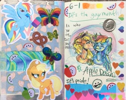 Size: 2395x1896 | Tagged: safe, artist:kindakismet, artist:sweetmelon556, derpibooru import, applejack, rainbow dash, pony, appledash, coin, female, lesbian, shipping, traditional art