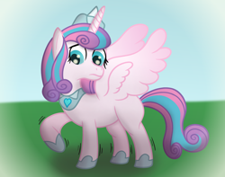 Size: 3400x2684 | Tagged: safe, artist:sweetielover, derpibooru import, princess flurry heart, alicorn, pony, g4, atg 2024, countryside, fear, female, high res, newbie artist training grounds, older, older flurry heart, raised leg, simple background, solo, spread wings, wings