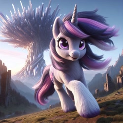 Size: 1024x1024 | Tagged: safe, ai content, machine learning generated, twilight sparkle, unicorn twilight, pony, unicorn, alternate cutie mark, bing, crystal, derp, female, fluffy, mare, outdoors, redesign, ruins, solo, tree, tree of harmony, unshorn fetlocks, windswept mane
