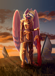 Size: 2500x3500 | Tagged: safe, artist:anastas, derpibooru import, oc, oc only, oc:sindy silence, anthro, pegasus, plantigrade anthro, pony, undead, vampire, armor, cloud, commission, countershading, detailed, detailed background, flag, flag pole, grass, solo, spread wings, sunset, sword, weapon, wings