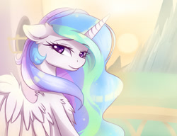 Size: 2400x1840 | Tagged: dead source, safe, artist:magnaluna, derpibooru import, princess celestia, alicorn, pony, g4, beautiful, bedroom eyes, chest fluff, colored pupils, cute, cutelestia, ear fluff, ears, ethereal mane, eyebrows, eyebrows visible through hair, female, horn, looking at you, mare, mountain, outdoors, shoulder fluff, smiling, smiling at you, solo, spread wings, sun, wing fluff, wings