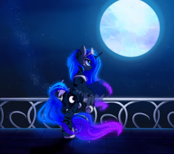 Size: 1600x1422 | Tagged: safe, artist:magnaluna, derpibooru import, princess luna, alicorn, pony, g4, balcony, both cutie marks, butt, color porn, crown, curved horn, ear fluff, ears, ethereal mane, ethereal tail, female, full moon, galaxy mane, hoof shoes, horn, jewelry, mare, moon, moonbutt, night, night sky, outdoors, peytral, plot, princess shoes, rear view, regalia, sky, solo, spread wings, stars, tail, transparent wings, wings