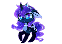 Size: 1562x1127 | Tagged: safe, artist:magnaluna, derpibooru import, princess luna, alicorn, pony, g4, ambiguous facial structure, cheek fluff, chest fluff, chibi, crown, curved horn, ears, ethereal mane, ethereal tail, female, floppy ears, horn, jewelry, open mouth, open smile, pale belly, raised hoof, raised leg, regalia, simple background, smiling, solo, tail, transparent background