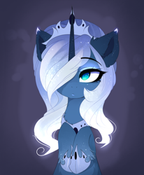 Size: 1752x2130 | Tagged: safe, artist:magnaluna, derpibooru import, princess luna, alicorn, pony, g4, alternate design, chest fluff, colored eartips, colored horn, crown, cute, ear fluff, ear tufts, ears, eyeshadow, female, gradient ears, hair over one eye, hoof shoes, hooves to the chest, horn, jewelry, looking at you, lunabetes, makeup, mare, peytral, princess shoes, regalia, slit eyes, solo, tiara, white-haired luna