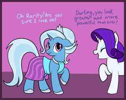 Size: 5000x4000 | Tagged: safe, artist:anonymous, artist:vomitvomiting, derpibooru import, rarity, trixie, pony, unicorn, g4, /bale/, alternate clothes, closed mouth, clothes, colored, comic, crown, darling, dialogue, dress, duo, duo female, ears, eyes closed, eyes open, female, floppy ears, frame, great and powerful, hoof shoes, hoofshake, horn, jewelry, makeover, mare, one-panel comic, open mouth, open smile, raised hoof, raised leg, regalia, skirt, smiling, talking to each other, tiara, two toned background, unsure