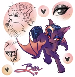 Size: 2008x2048 | Tagged: safe, artist:opalacorn, derpibooru import, oc, oc:bea, bat pony, pony, bat pony oc, commission, drool, eyeshadow, fangs, female, heart, lidded eyes, lipstick, looking at you, makeup, mare, partially open wings, simple background, smiling, smiling at you, solo, tongue, tongue out, unshorn fetlocks, white background, wings