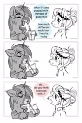 Size: 1361x2048 | Tagged: safe, artist:opalacorn, derpibooru import, oc, oc:silver stream, oc:void, alicorn, pegasus, pony, zebra, chest fluff, comic, drink, drinking, drinking straw, duo, duo male and female, ears, eyes closed, female, floppy ears, glass, grayscale, laurel wreath, male, mare, milk, milk moustache, monochrome, nose piercing, nose ring, partial color, piercing, simple background, stallion, white background, zebra alicorn