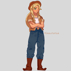 Size: 4000x4000 | Tagged: safe, artist:dearycocoa, derpibooru import, applejack, human, equestria girls, g4, 2d, applejack's hat, belt, boots, clothes, cowboy hat, crossed arms, denim, female, freckles, geode of super strength, hat, humanized, jeans, looking at you, magical geodes, one eye closed, pants, shirt, shoes, solo, t-shirt, toothpick, wink