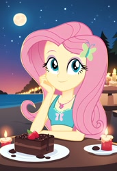 Size: 1664x2432 | Tagged: safe, ai content, derpibooru import, generator:pony diffusion v6 xl, generator:stable diffusion, machine learning generated, fluttershy, human, equestria girls, g4, beach, bikini, birthday, birthday cake, breasts, cake, candle, candlelight, clothes, food, looking at you, moon, night, party, petite, prompter:tophatskyman, show accurate, small breasts, solo, stars, strawberry, swimsuit