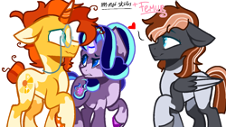 Size: 1280x720 | Tagged: safe, artist:femurthechangeling, artist:im-not-skittles, derpibooru import, starlight glimmer, sunburst, oc, oc:vanilla dusk, pegasus, pony, unicorn, g4, alternate cutie mark, alternate design, alternate hairstyle, base used, bun hairstyle, canon x oc, eyebrows, female, folded wings, gay, gay in front of girls, glasses, glasses chain, heart, horn, male, raised eyebrow, raised hoof, raised leg, simple background, starlight glimmer is not amused, sunburst's glasses, transparent background, trio, unamused, wings