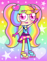 Size: 828x1073 | Tagged: safe, artist:sherbertstarkitty05, derpibooru import, twilight sparkle, oc, oc:rainbow vivre, equestria girls, g4, rainbow rocks, clothes, equestria girls outfit, gradient background, rainbow background, solo