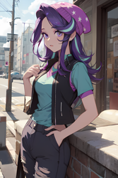 Size: 1280x1920 | Tagged: safe, ai content, derpibooru import, machine learning generated, starlight glimmer, human, g4, beanie, city, female, hand in pocket, hat, humanized, looking at you, prompter:the-sanctuaire, solo