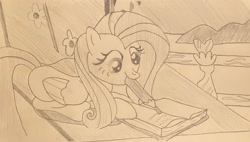 Size: 3255x1843 | Tagged: safe, artist:mlpfantealmintmoonrise, derpibooru import, fluttershy, pegasus, g4, atg 2024, book, dear princess celestia, female, fence, hooves, irl, journal, kindness, looking down, mare, monochrome, newbie artist training grounds, peaceful, pencil, pencil drawing, photo, platform, scene interpretation, simple background, sitting, solo, traditional art, writing