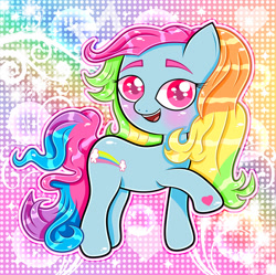 Size: 895x893 | Tagged: safe, artist:sherbertstarkitty05, derpibooru import, rainbow dash (g3), earth pony, pony, g3, blushing, gradient background, looking at you, open mouth, open smile, rainbow background, raised hoof, raised leg, smiling, solo